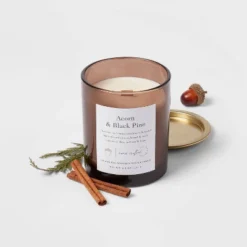 Clear Colored Glass With Woodwick And Brass Metal Inset Lid Acorn + Black Pine Candle Brown - Threshold™ -LumaHome GUEST 5fa327df 5133 47b8 a926 0d5334ce061c