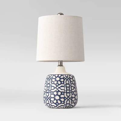 17.5"x9" Assembled Ceramic Table Lamp Blue - Threshold™: Bud-Shaped Base, Off-White Drum Shade, UL Listed 3 17.5"x9" Assembled Ceramic Table Lamp Blue - Threshold™: Bud-Shaped Base, Off-White Drum Shade, UL Listed