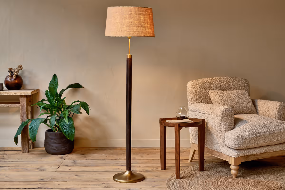 Front Page 1 Front Page -LumaHome Digha Wood Metal Floor Lamp Dark Stain Antique Brass